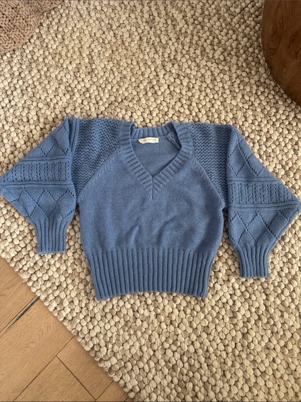Stitch and Feather - Dusty Blue V-Neck Textured Puff-Sleeve Sweater